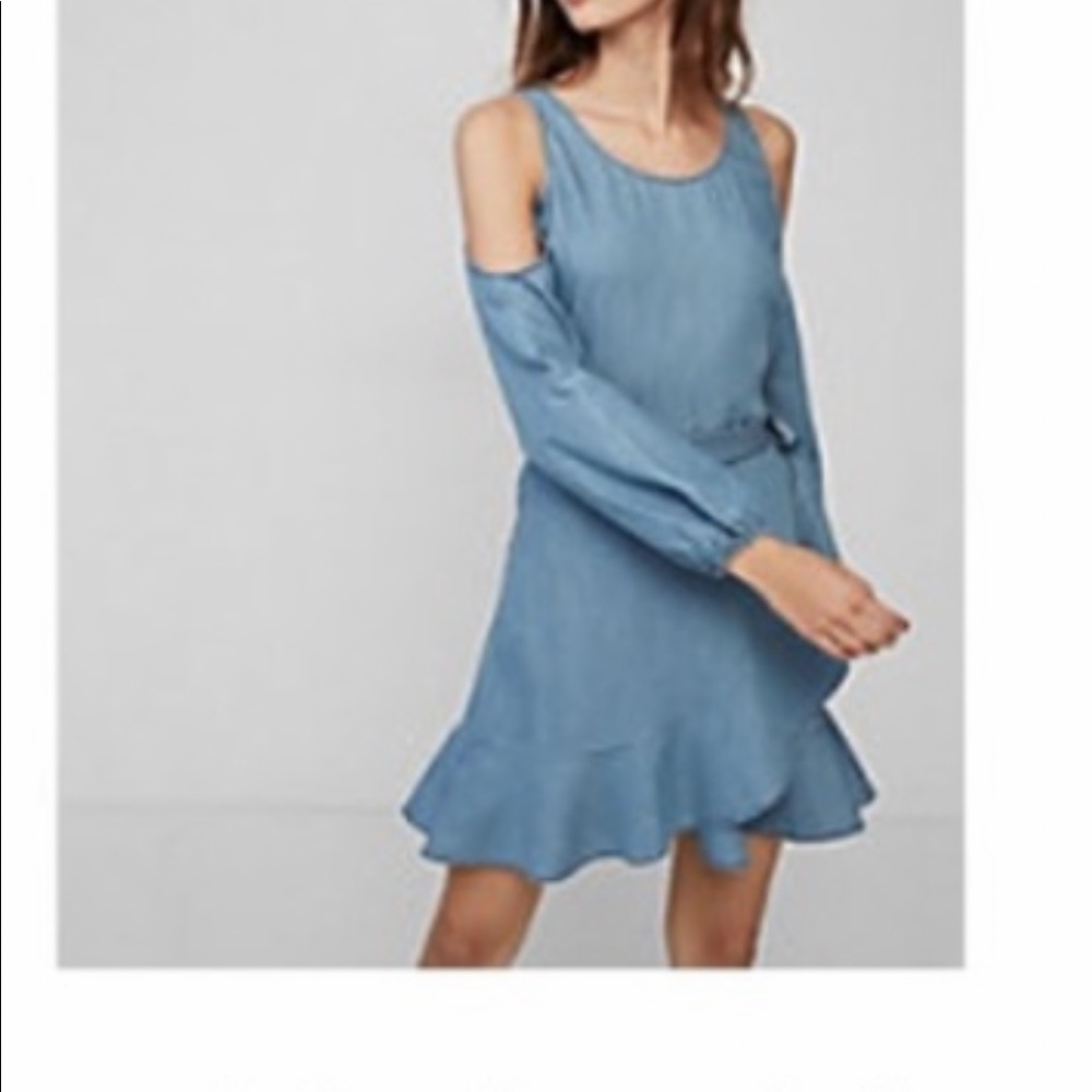Denim cold shoulder wrap around dress